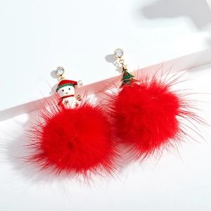 Red Christmas Snowball Earrings Snowman and Christmas Tree